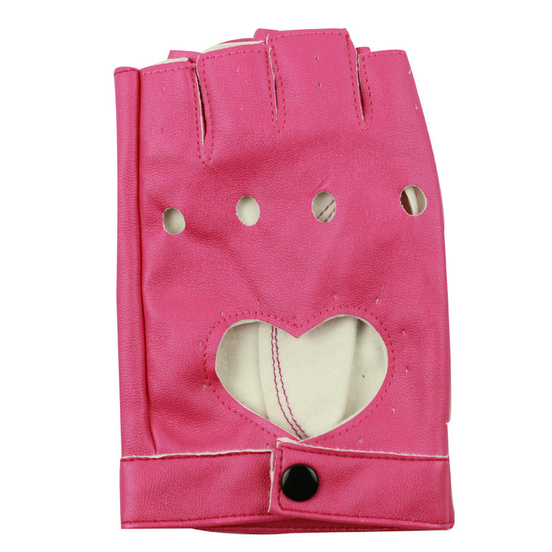 Women's Half Finger Gloves  Half Finger Peach Heart PU Leather  Dancing Leather Gloves