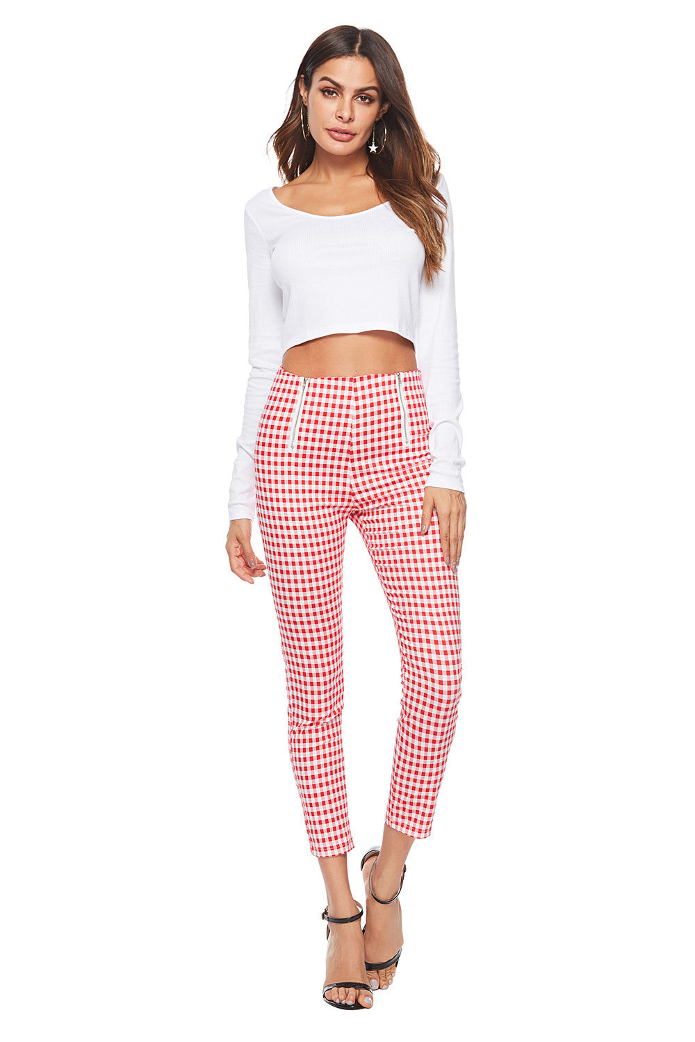 Black and white plaid zipper slim slimming white pants